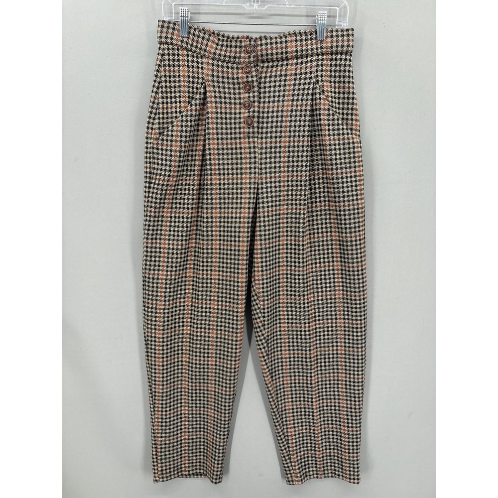 Free People Pants M Brown Plaid Tweed Tapered High Rise Pleated Button Fly Posey